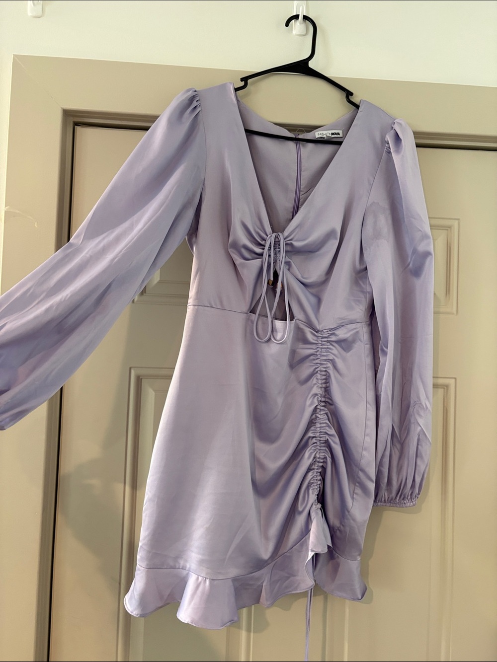 Fashion Nova Lilac Satin Ruched Mini Dress with Puff Sleeves